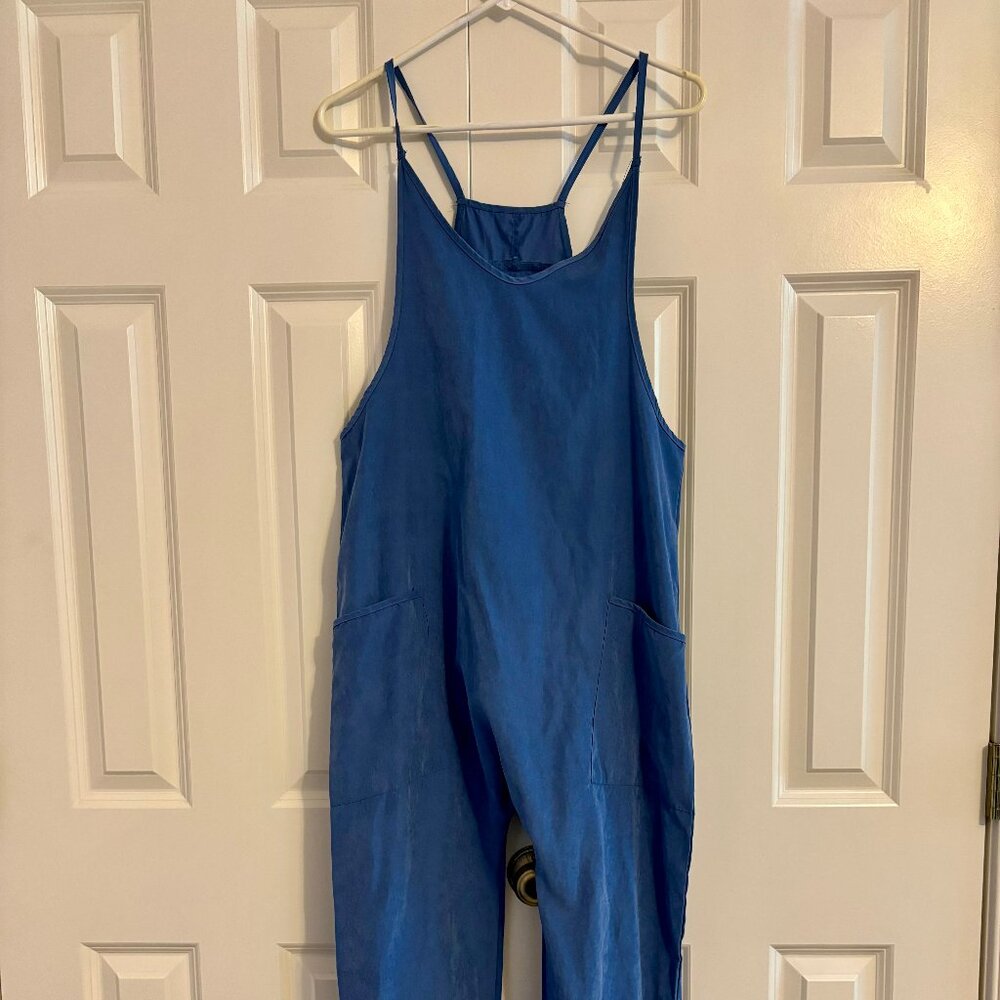 Blue Harem Boho Relaxed Fit Drop Crotch Summer Jumpsuit with Pockets Size S - Picture 3 of 6
